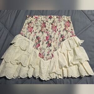 Floral Asymmetrical Skirt with Eyelet Ruffles